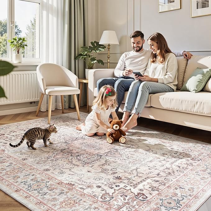 Lofus 6x9 Area Rugs for Living Room, Washable Area Rug, Rugs for Bedroom, Kitchen, Vintage Boho Carpet, Soft Non-Slip, Low Pile Large Area Rug for Office Dining Room, Pink