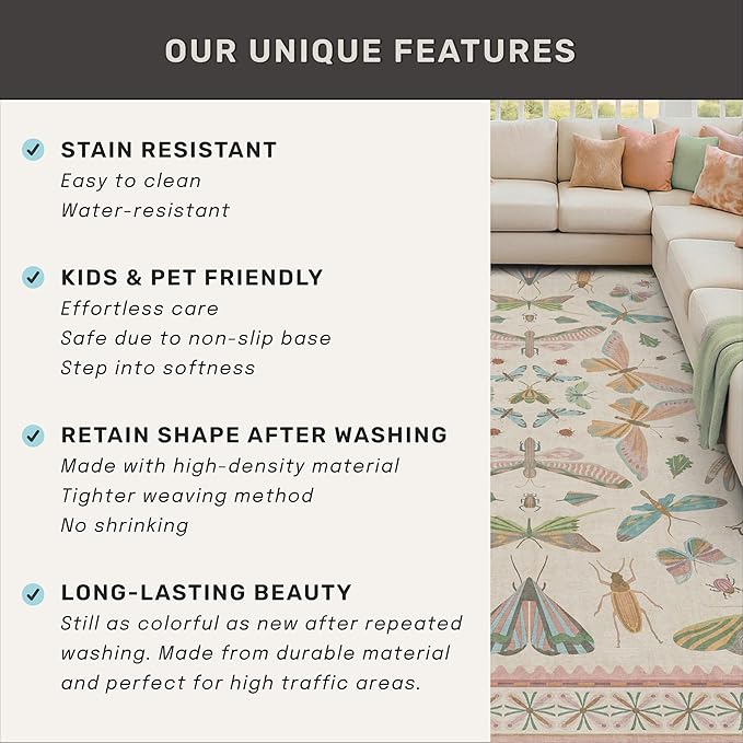 Hazo Haus Cute Rugs for Bedroom Girls - Pink Living Room Rugs 8X10, Dining Room Table, Washable Pastel Flower Insect Print Whimsical Décor