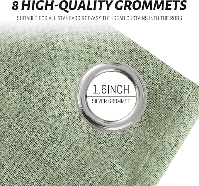 Yakamok Light Sage Green Linen Curtains 100% Blackout 84 Inches Long,Room Darkening Textured Curtains for Living Room Thermal Grommet Bedroom Curtains 2 Panels with White Liner