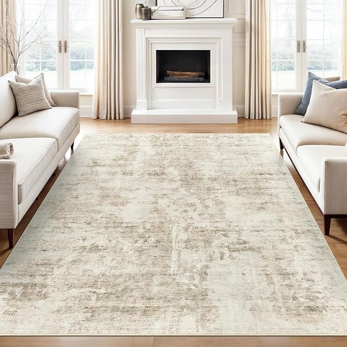 9x12 Area Rug for Living Room, Abstract Non Slip Machine Washable Vintage Carpets, Low Pile Lightweight Large Rug for Bedroom, Dining Room, Home Office Beige Gray