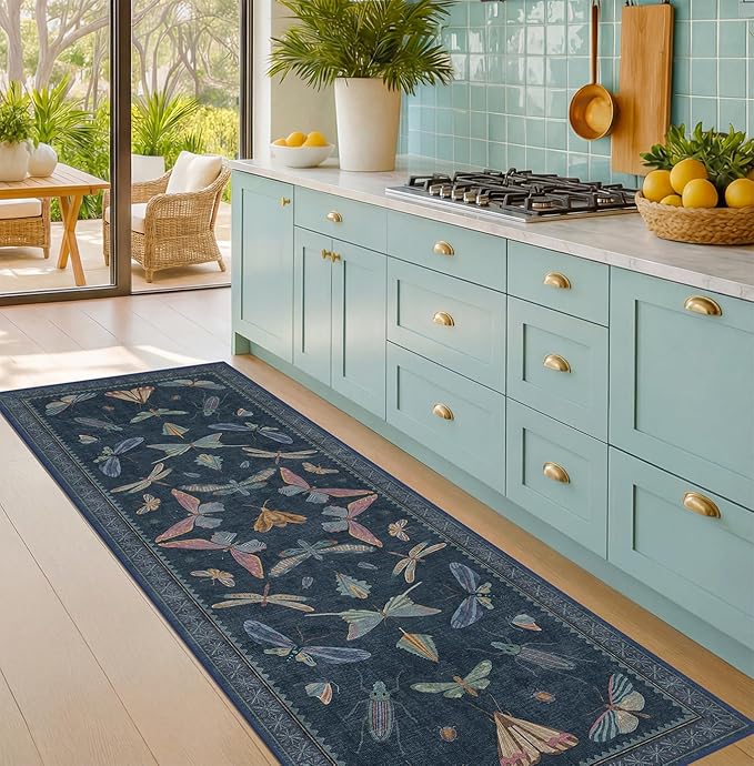 Vintage 2x6 Navy Blue Bathroom Rugs - Washable Insect Runners for Kitchen Floor, Hallway, Low Pile & Soft Non Slip Bedroom Carpet with Rubber Backing, Dark Retro Moth Decor