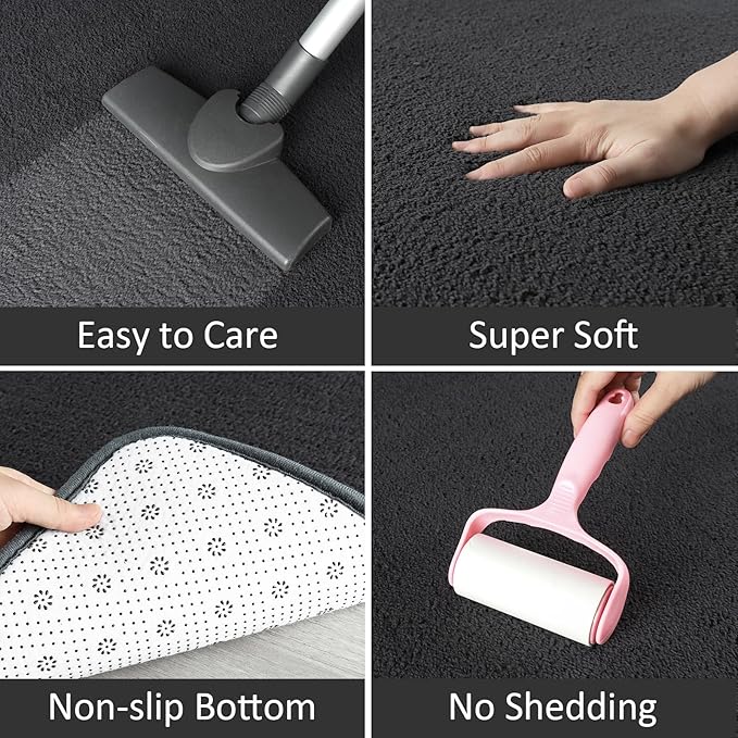 AROGAN Modern Shag Area Rug for Living Room, 6x9 Feet Washable Rugs for Bedroom, Indoor Floor Carpet, Plush Memory Foam Bedside Rugs for Kids Girls Teens Low Pile Decor, Dark Grey