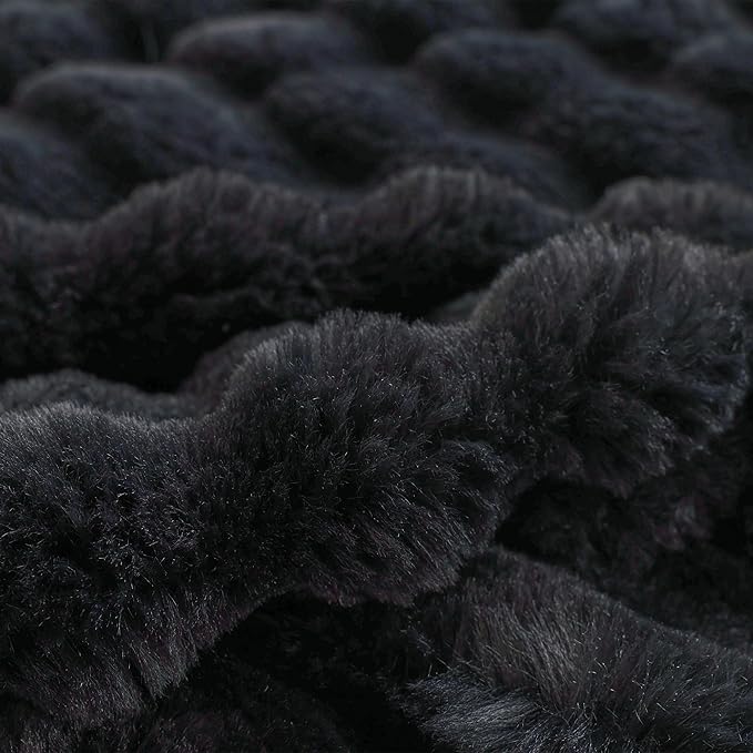 COOVA Faux Fur Throw Blanket for Couch, Cozy Soft and Fuzzy Plush Rabbit Fur Bubble Blanket for Sofa Bedroom Living Room, 60x80 Inches Black