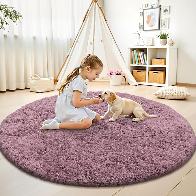 OLANLY Blush Round Rugs for Bedroom - Machine Washable, 8 ft Circle Area Rugs for Living Room, Soft and Fluffy Shaggy Carpet for Teen Girls and Boys, Nursery Rooms, Dorms, Home Decor Aesthetic