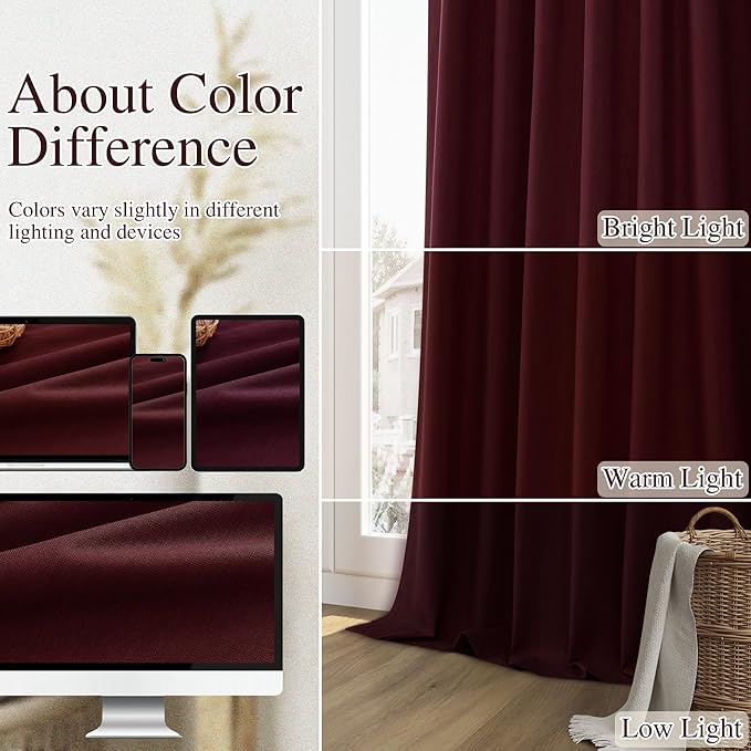 Burgundy 100% Blackout Linen Curtains 72 Inch Length 2 Panels Set for Living Room Bedroom Back Tab Thermal Insulated Black Out Drapes Room Darkening Farmhouse Style for Bedroom Window Curtains 52x72