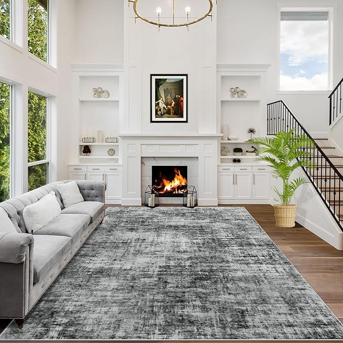 4x6 Area Rugs Washable Rug: Modern Abstract Living Room Rug Soft Anti-Skid Thin Carpet Indoor Floor Non-Shedding Carpets for Bedroom Dining Room Farmhouse Nursery Home Office - Black
