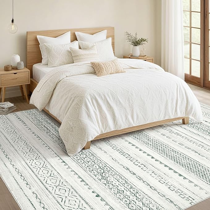 Nakagishi Green Rug Living Room 5x7: Washable Boho Large Neutral Farmhouse Soft Area Rugs Modern Stain Resistant Moroccan Indoor Non Slip Floor Carpet for Bedroom Nursery Kids Playroom Office