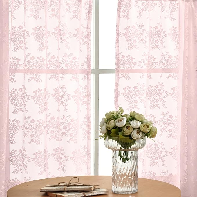 YJ YANJUN Vintage Lace Curtains 30 inch Length 2 Panels - Cute Floral Short Pink Sheer Window Curtain Panels for Little Girls Room Bedroom Princess Cafe Half Curtains Rod Pocket Pink Boho Decor