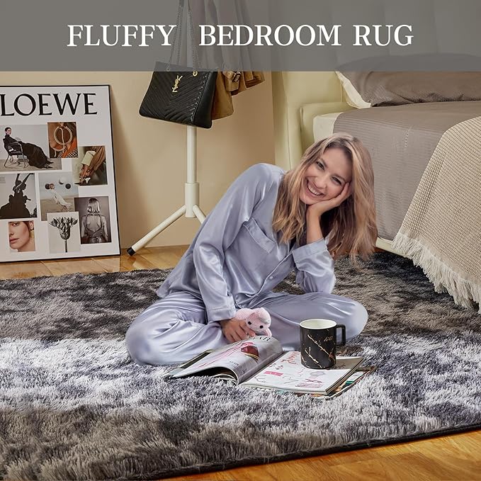 Large Area Rugs for Living Room, 6x9 Feet Fluffy Shag Fuzzy Plush Soft Bedroom Area Rugs, Indoor Floor Carpet for Kids Boys Girls Dorm Nursery Home Decor Aesthetic, Tie-Dyed Dark Gray