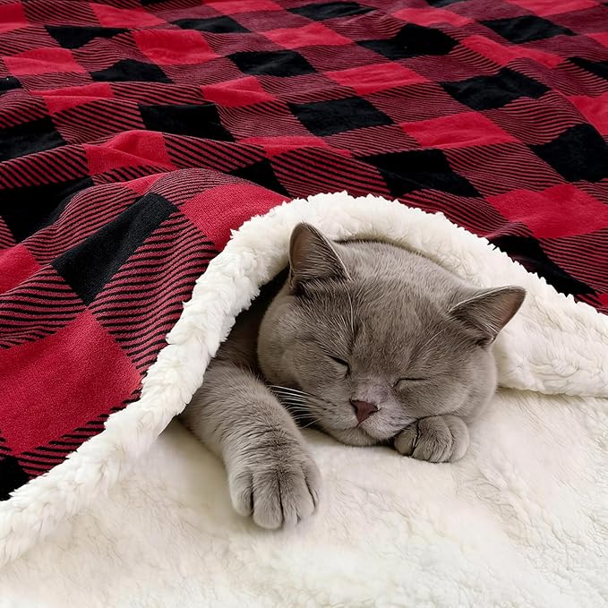 PU MEI Sherpa Fleece Throw Blanket 60" x 80" Reversible Plush Fluffy Large Big Blanket Lattice Flannel Blankets for All Season Use, Red and Black