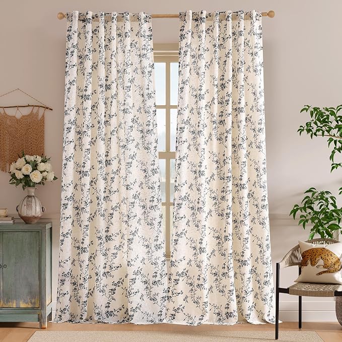 Lazzzy Farmhouse Linen Curtains Black Floral Curtains 96 Inch Length Back Tab Drapes for Living Room Bedroom Light Filtering Country Vintage Rod Pocket Curtain, 2 Panels, Black on Beige