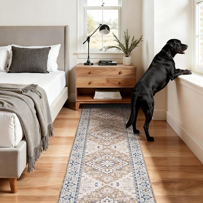 Lofus 2'6"x14' Runner Rug for Hallways, Washable Kitchen Rugs, Non-Slip Rugs for Entryway and Bedroom, Vintage Boho Carpet, Soft Low Pile Long Runner Area Rug, Floral Brown