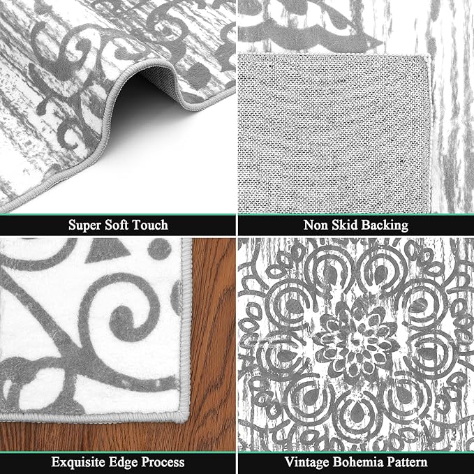 HEBE Washable Area Rug - 9'x12' Non Slip Soft Distressed Medallion Bedroom & Living Room Accent Throw Vintage Entry Floor Carpet for Dining Room & Bathroom