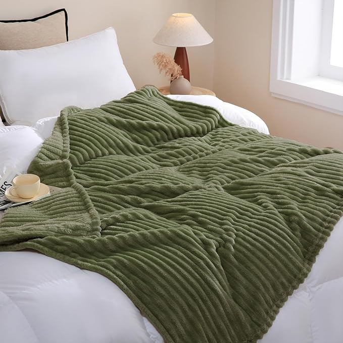Olive Green Fleece Throw Blanket 90”×90” for Couch Sofa Bed,Super Soft Cozy Plush Microfiber Flannel Blanket with Stripes Design Lightweight for Adults,Woman,Girls