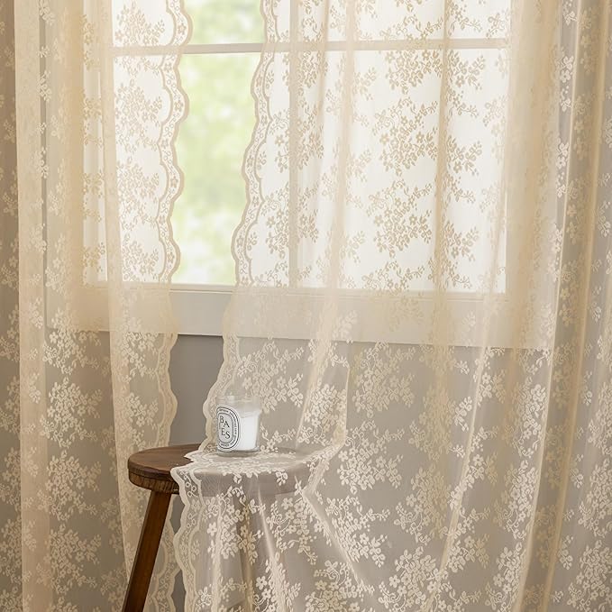 YJ YANJUN Vintage Lace Curtains 63 Inch Length Antique Chic Floral Beige Sheer Curtain Panels with Scalloped Edges for Bedroom Dining Room Rod Pocket French Country Crochet Drapes W52 X L63 2 Panels