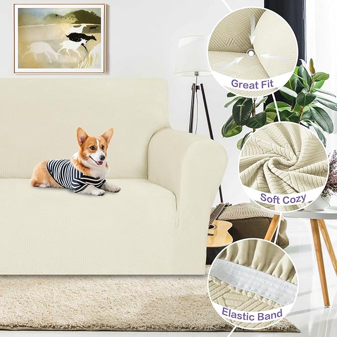 ZNSAYOTX Super Stretch Couch Cover (72"-92"), New Striped Sofa Covers Fitted Slipcovers with Elastic Bottom, Dog Cat Pets Proof Spandex Fabric Comfortable & Durable (Beige, Sofa)