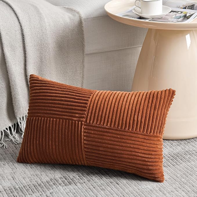 Fancy Homi 2 Packs Rust Lumbar Decorative Throw Pillow Covers 16x28 Inch for Bedroom Couch Bed, Rustic Farmhouse Boho Home Decor, Soft Striped Corduroy Rectangle Accent Terracotta Cushion Case 40x70cm