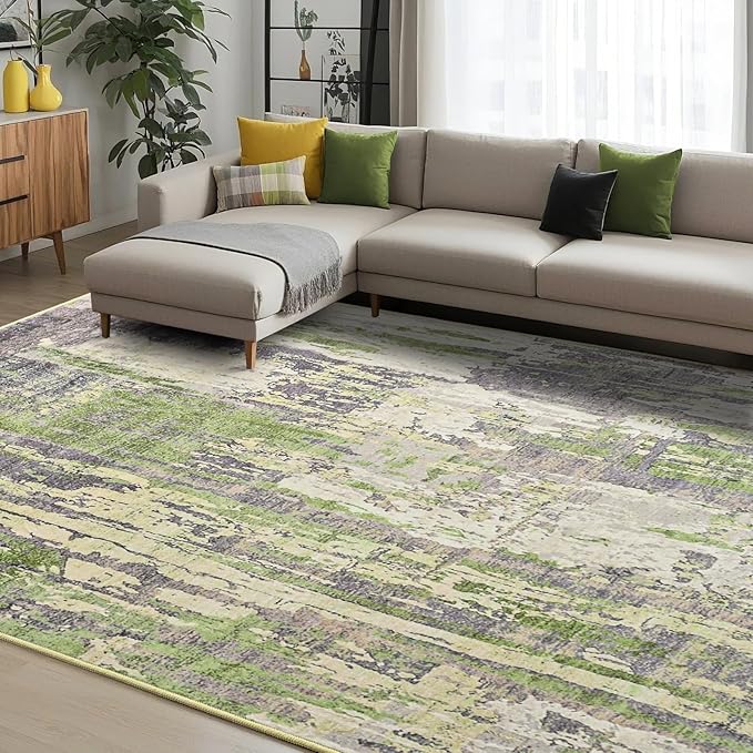 Toneed Abstract Area Rug Modern Washable Rug Soft Non Slip Rug Low Pile for Bedroom Living Room Dining Room Green 5x7 Feet