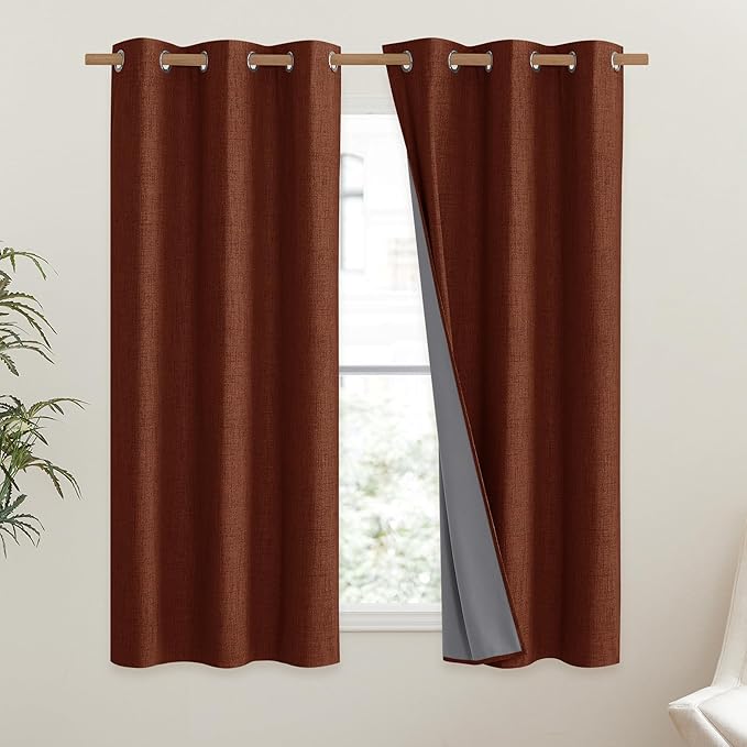 NICETOWN 100% Absolutely Blackout Linen Curtains with Thermal Insulated Liner, 42" Wide, 2 Panels, 45" Long Drapes, Grommet Retro Burnt Orange Linen Curtains Vertical Drapes Privacy for Kitchen
