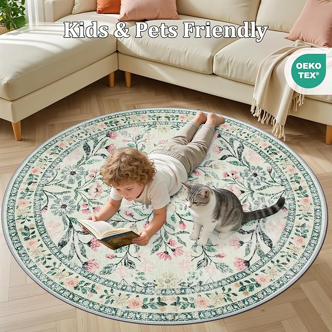 Round Area Rug for Living Room: 6 ft Floral Washable Circle Rug Soft Non-Slip Carpet Indoor Stain Resistant Low Pile Small Circular Rug for Bedroom Entryway Kitchen Nursery Home Office Green Beige