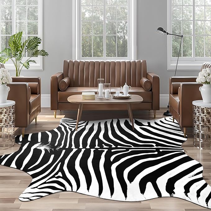 AROGAN Premium Faux Zebra Hide Rug 5.2 x 6.2 Feet, Sturdy and Large Size Bear Print Rugs, Suitable for Bedroom Living Room Western Decor, Faux Fur Animal Carpet, Black and White