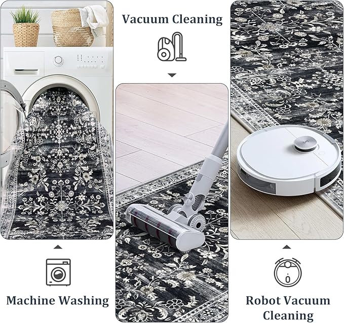Yamaziot Washable Runner Rug 2x12 – Non Slip Boho Floral Hallway Runner Rug with Rubber Backing, Low Pile Faux Wool Distressed Carpet for Kitchen, Laundry, Bedroom, Entrance, Navy/Black