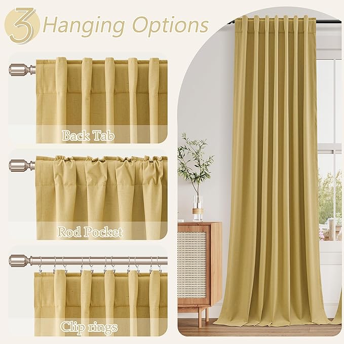 Guken 100% Blackout Curtains 96 Inch Length 2 Panels Set for Living Room Bedroom Back Tab Thermal Insulated Black Out Linen Drapes Room Darkening Window Curtains 96 Inches Long,Gold