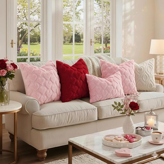 decorUhome Valentine’s Day Soft Plush Throw Pillow Covers 20x20 Inch Set of 2, Faux Fur Pink Heart Decoration Neutral Square Pillow Covers for Couch Sofa Bed Cozy Farmhouse Holiday Decor