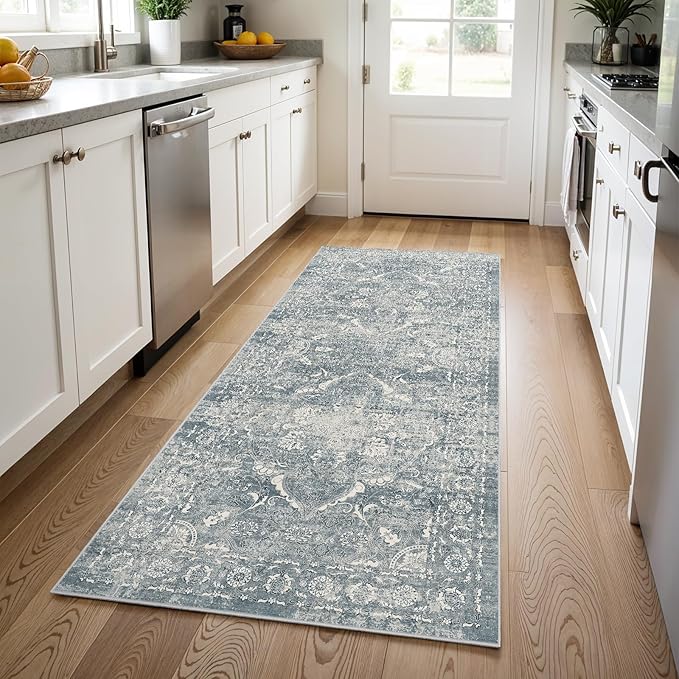 Washable 3x8 Runner Rug - Non-Slip Vintage Runner Rug for Entryway Low-Pile Medallion Long Rugs for Hallway Waterproof Traditional Runner Rug Indoor Thin Rug for Kitchen (Muted Blue)