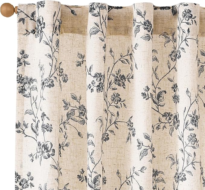 Lazzzy Black Floral Linen Curtains 90 Inch Farmhouse Back Tab Drapes for Living Room Bedroom Light Filtering Vintage Grandmillennial Rod Pocket Curtains, 2 Panels, W38 x L90, Black on Beige