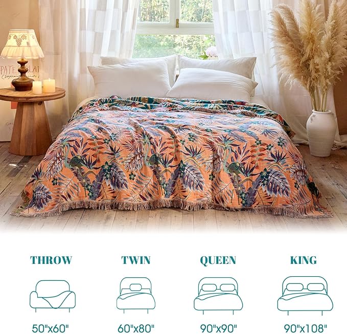 MSGKV Boho Throw Blanket for Bed 60"x80" 100% Cotton Jungle Animal Couch Blanket Spring Breathable Lightweight Twin Size Blankets for Sofa Home Decor Muslin All Seasons