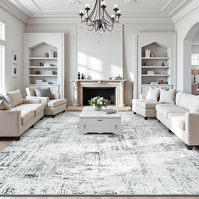 Rugflix 5x7 Washable Area Rugs, Neutral Boho Carpet Living Room Rug Non Slip Stain Resistant, Large Area Rug for Indoor Bedroom Dining Room Office, Blue/Grey