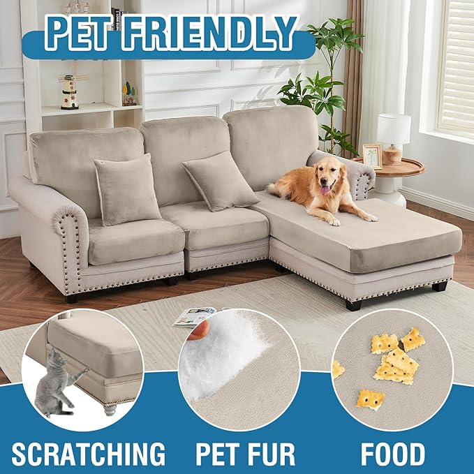 Couch Cover 4-Piece Elastic Velvet Couch Cushion Covers & Chaise Slipcovers for L-Shaped Sofas - Sofa Seat Covers Washable, Soft Protector for Couches (3 Seater + Chaise, Taupe)