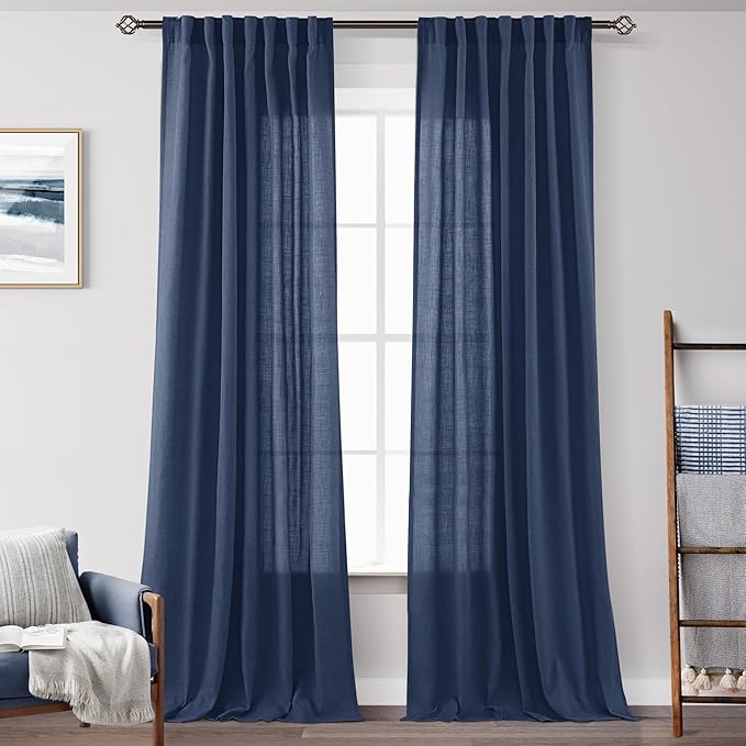 Navy Blue Curtains 120 inch Length for Bedroom Back Tab Light Filtering Semi Sheer Blue Living Room Curtains Linen Cotton Textured Indigo Blue Drapery Panel Modern Farmhouse Aesthetic Decor Dark Blue