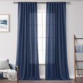 Navy Blue Curtains 102 inch Length for Bedroom Back Tab Light Filtering Semi Sheer Blue Living Room Curtains Linen Cotton Textured Indigo Blue Drapery Panel Modern Farmhouse Aesthetic Decor Dark Blue