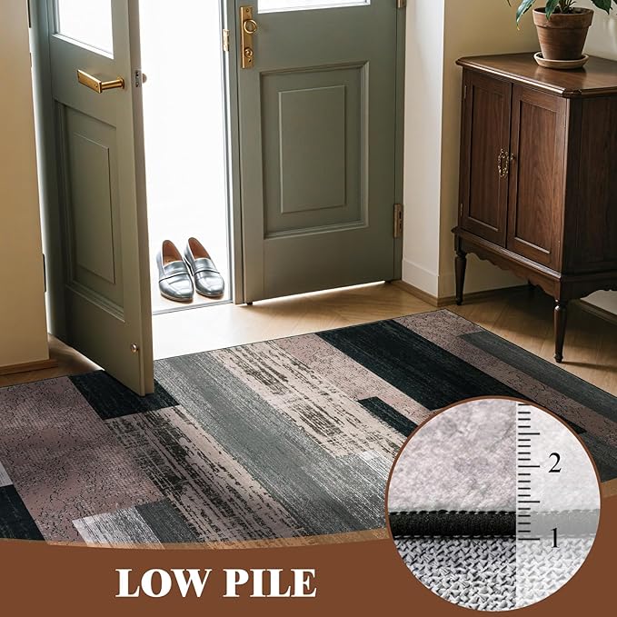 5x7 Washable Area Rugs for Living Room and Bedroom, Vintage Checkered Pattern Non-Slip Carpet, Stain Resistant Low Pile Soft Rug for Dining Room,Office,Nursery,Kids Room(5x7,Chocolate)