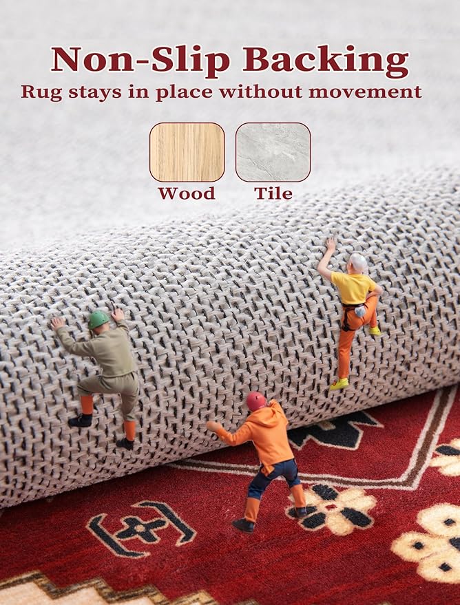 SERISSA Boho Washable Runner Rug, 2x6 Rug Runner Non-Slip Vintage Red Black Hallway Kitchen Runner Rug Ultra Soft Print Distressed Floor Carpet Runner for Bedroom Bathroom Laundry Living Room