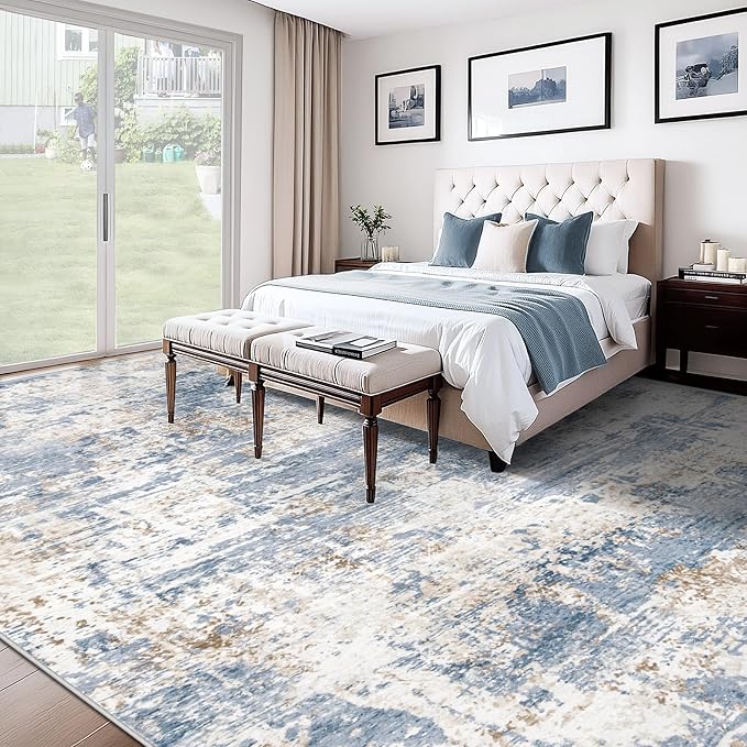 XLUEZ 10x14 Area Rugs for Living Room, Washable Modern Abstract Large Area Rug Neutral Soft Non Slip Kids Rug Stain Resistant Indoor Carpet for Bedroom Dining Room Playroom Home Office(Blue, 10'x14')