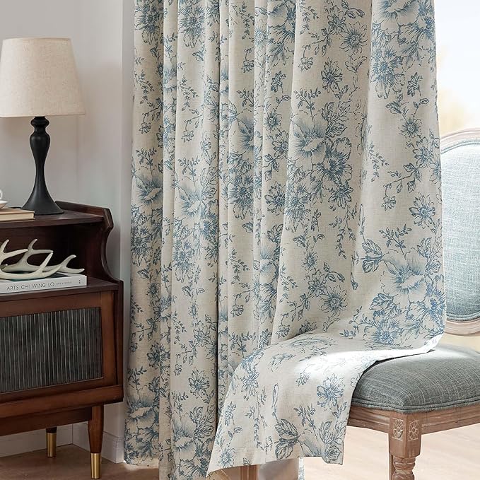 jinchan Blackout Floral Curtains for Living Room Bedroom Linen Blend Curtain Farmhouse Blue Printed with Lined Back Tab Rod Pocket Drapes Window Treatments 2 Panels 90 Inch