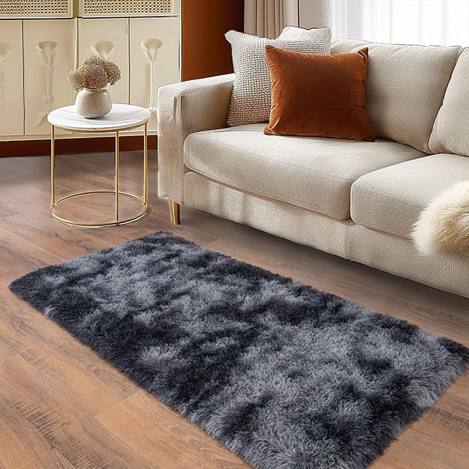 Ultra Soft Runner Rugs for Bedroom Hallways with Upgraded Non-Slip Rubber Backing & Thick Memory Sponge, 2 Packs 2x4 Feet Fluffy Shag Throw Area Rug for Bedside Dorm Tie-dye Dark Grey