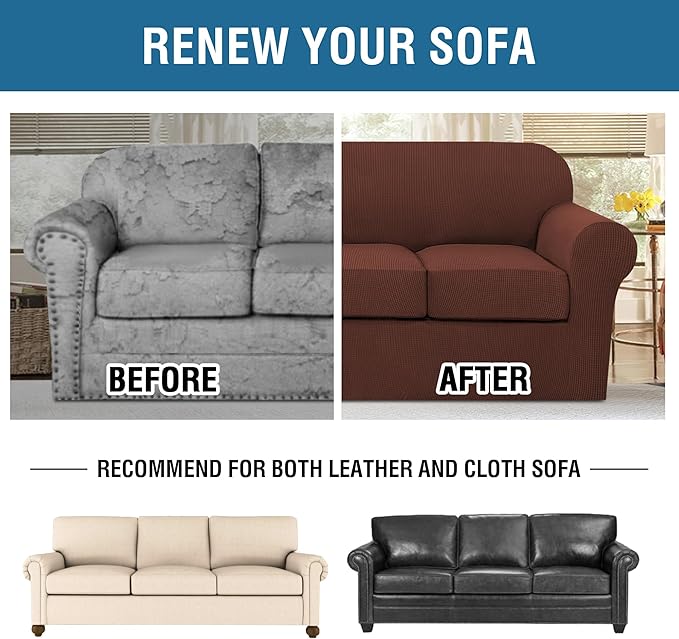 H.VERSAILTEX 4 Piece Stretch Sofa Covers for 3 Cushion Couch Covers for Living Room Furniture Slipcovers (Base Cover Plus 3 Seat Cushion Covers) Upgraded Thicker Jacquard Fabric (Sofa, Burnt Brick)