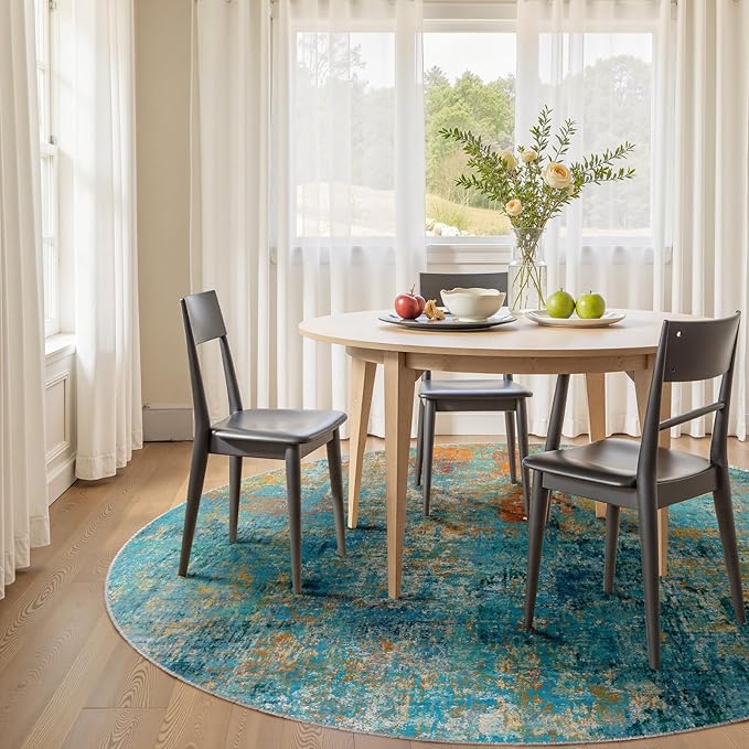 Washable Area Rugs 6ft Non-Slip Modern Abstract Soft for Living Room Entryway Bedroom Nursery, Print Pattern, Teal Blue Green Orange Rust Red Coloreful