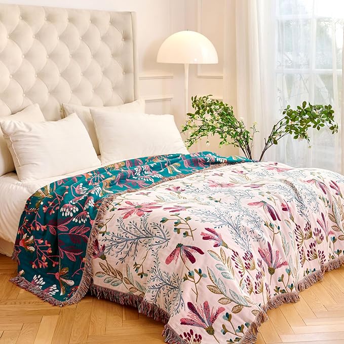 MSGKV Boho Throw Blanket for Bed 60"x80" Floral 100% Cotton Couch Blanket Spring Breathable Lightweight Farmhouse Flower Twin Size Blankets for Sofa Home Decor Muslin All Seasons
