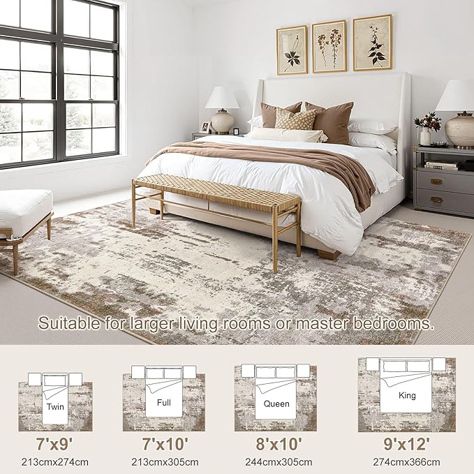 UERMEI 9x12 Area Rug Living Room Rugs - Washable Neutral Modern Abstract Soft Thin Rug Indoor Floor No Slip Rug Carpet for Bedroom Under Dining Table Home Office Decor - Brown/Grey/Beige