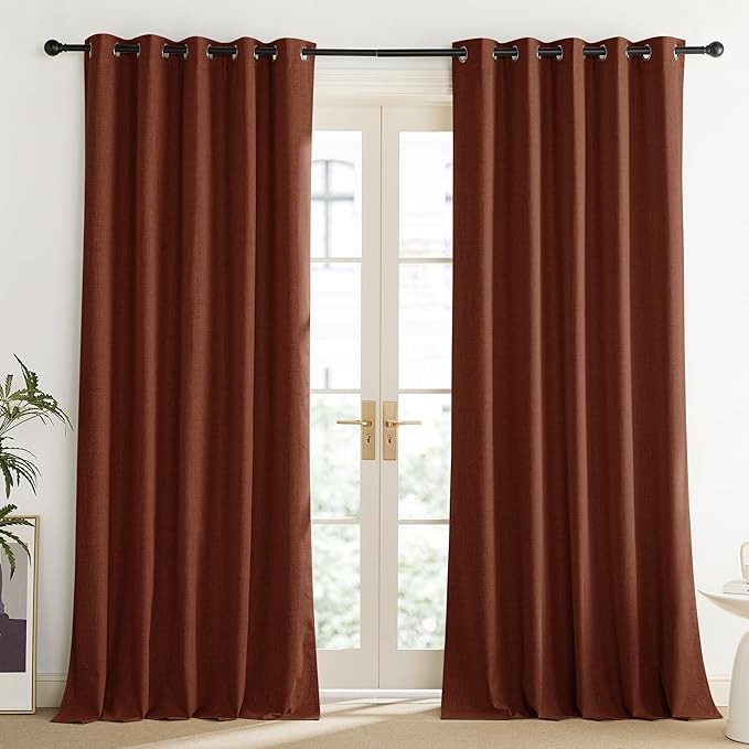NICETOWN 100% Absolutely Blackout Linen Curtains with Thermal Insulated Liner, 62" Wide, 2 Panels, 95" Long Drapes, Grommet Retro Burnt Orange Linen Curtains Vertical Drapes Privacy for Bedroom