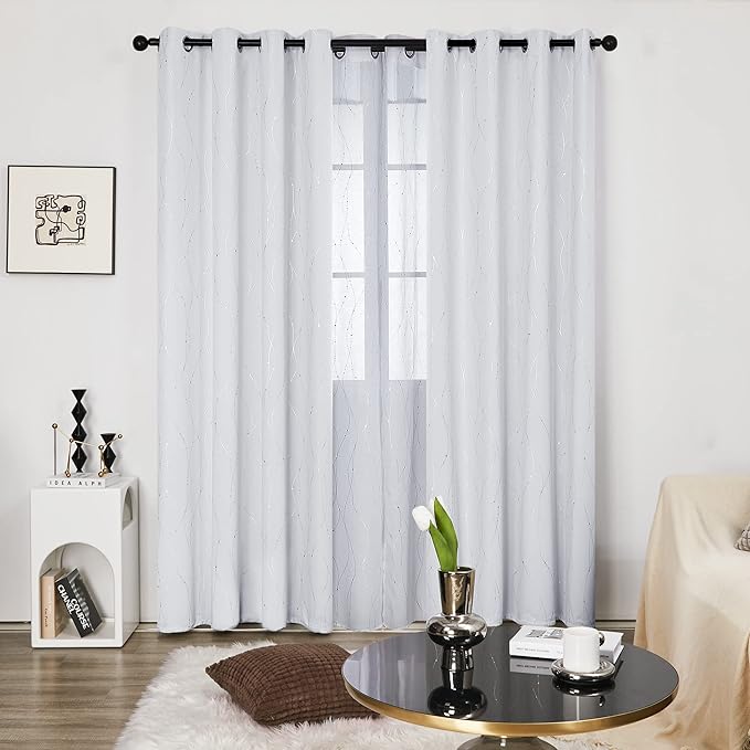 Deconovo Greyish White Curtains, Light Darkening Curtain, Thermal Insulated Noise Reducing Drapes, Silver Print, 52 x 95 Inch Long, Grommet Window Panels for Living Room Bedroom Patio Door, Set of 2