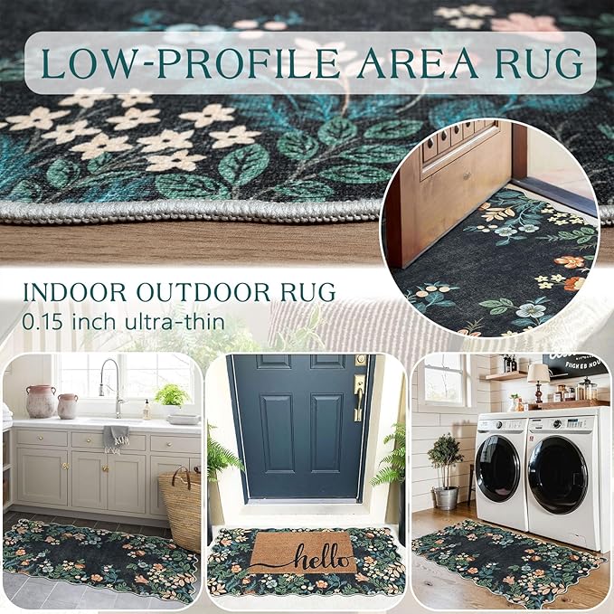 Front Door Mat Indoor Entrance - 2x4.3 Ft Black Floral Washable Layered Doormat Outdoor Entrance Porch Rug Non-Slip Boho Runner Rug for Kitchen Hallway Bedroom Laundry Room Porch Decor