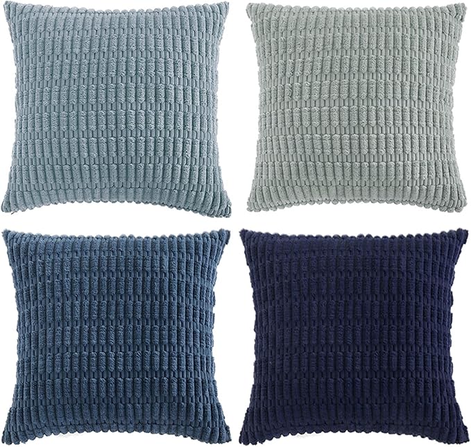 Fancy Homi Set of 4 Blue Decorative Throw Pillow Covers 20x20 Inch for Couch Bed Chair, Modern Farmhouse Boho Room Decor, Soft Fuzzy Corduroy Textured Striped Coastal Blue Cushion Case 50cm