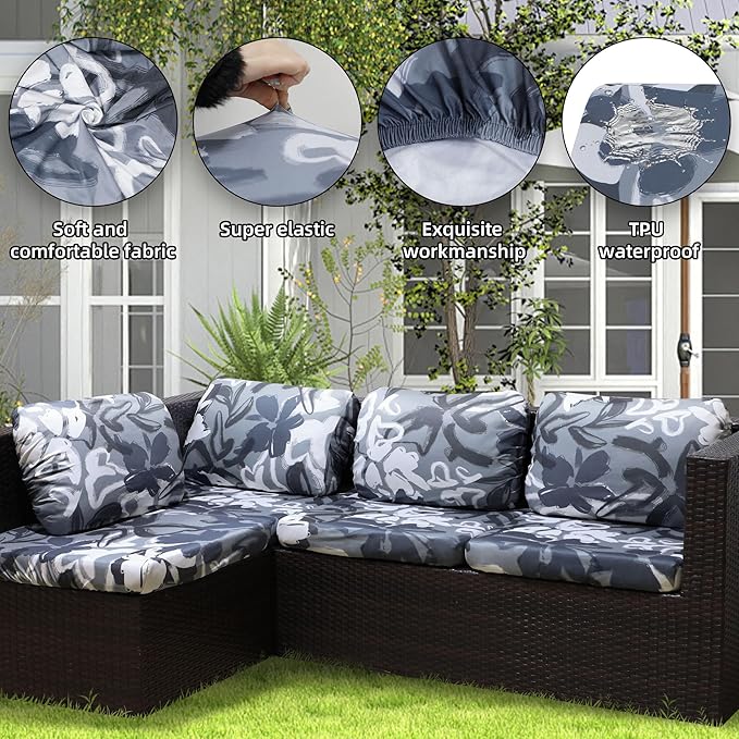 8Pcs Outdoor Cushion Covers, Patio Cushion Covers,Stretch Elastic Slipcovers, Replacement Washable & Reusable Furniture Protector for Patio Couch (Grey Flower-Pattern,Cover Only)