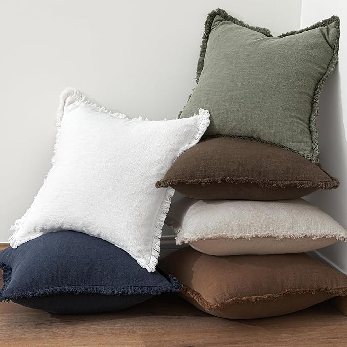 MIULEE Decorative Throw Pillow Covers Neutral Linen Fringe Throw Pillows Set of 2 Chocolate Brown Boho Farmhouse Cushion Covers with Tassels for Couch Sofa Bed Living Room Spring Decor 20x20 Inch
